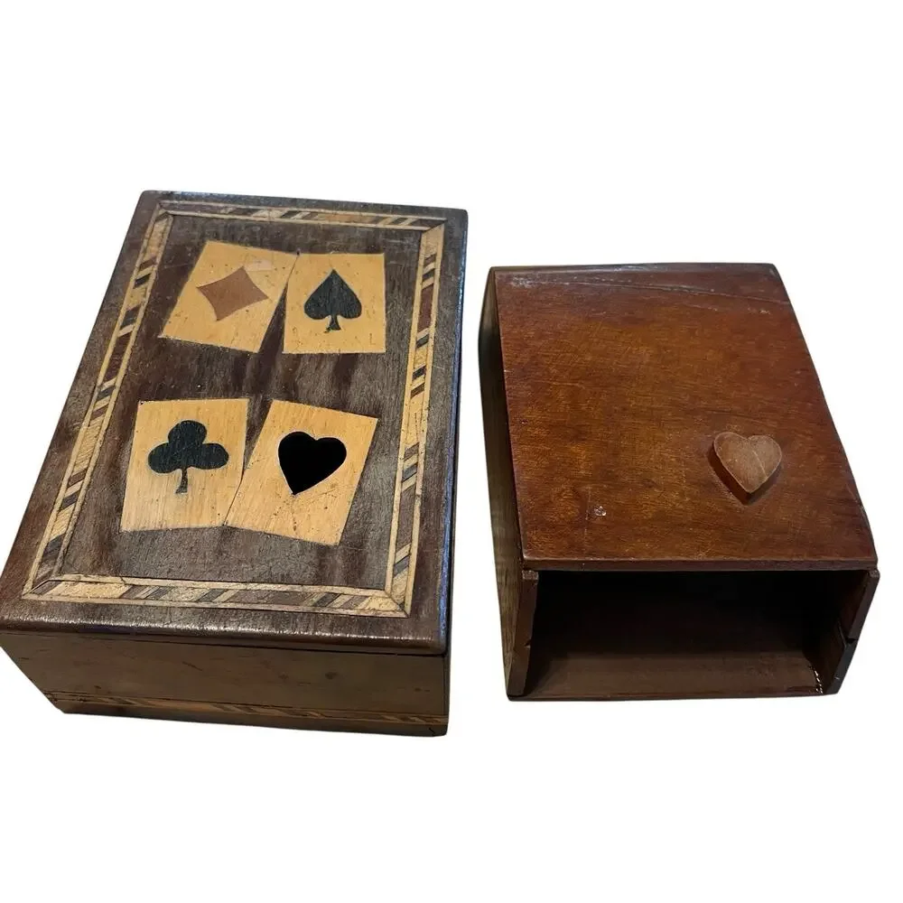 Marquetry Playing Cards Box Two Decks of Cards Aces Rustic Repair Vintage Gamble